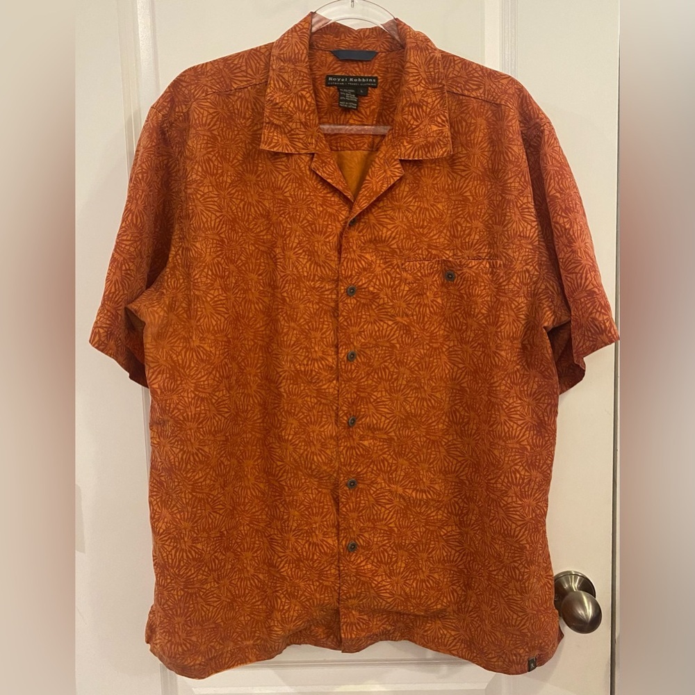 Royal Robbins Short Sleeve Button Up Shirt Sz L Two-tone Orange Print